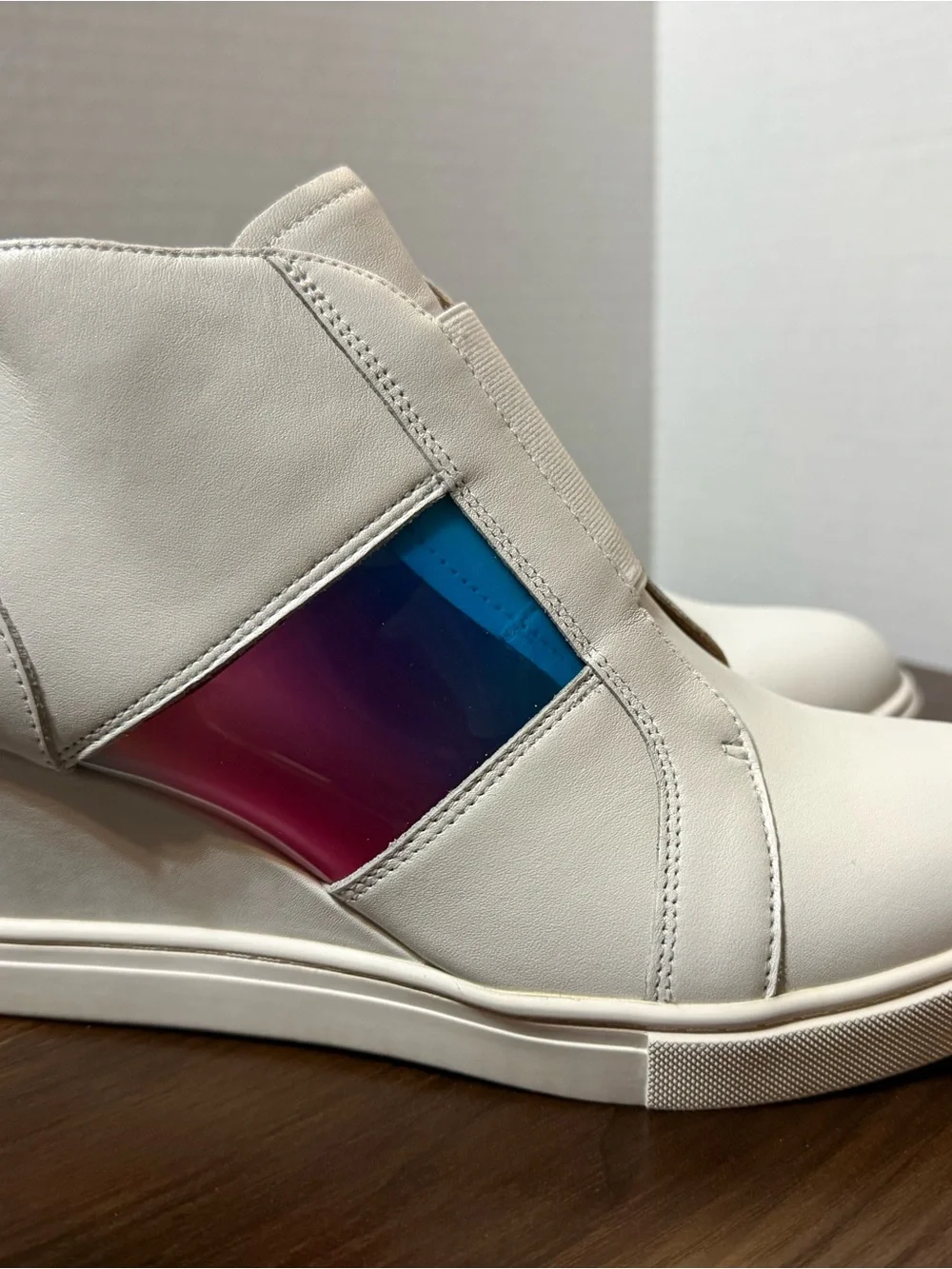 Linea Paolo White Leather Wedge Sneakers with Colorful Panels